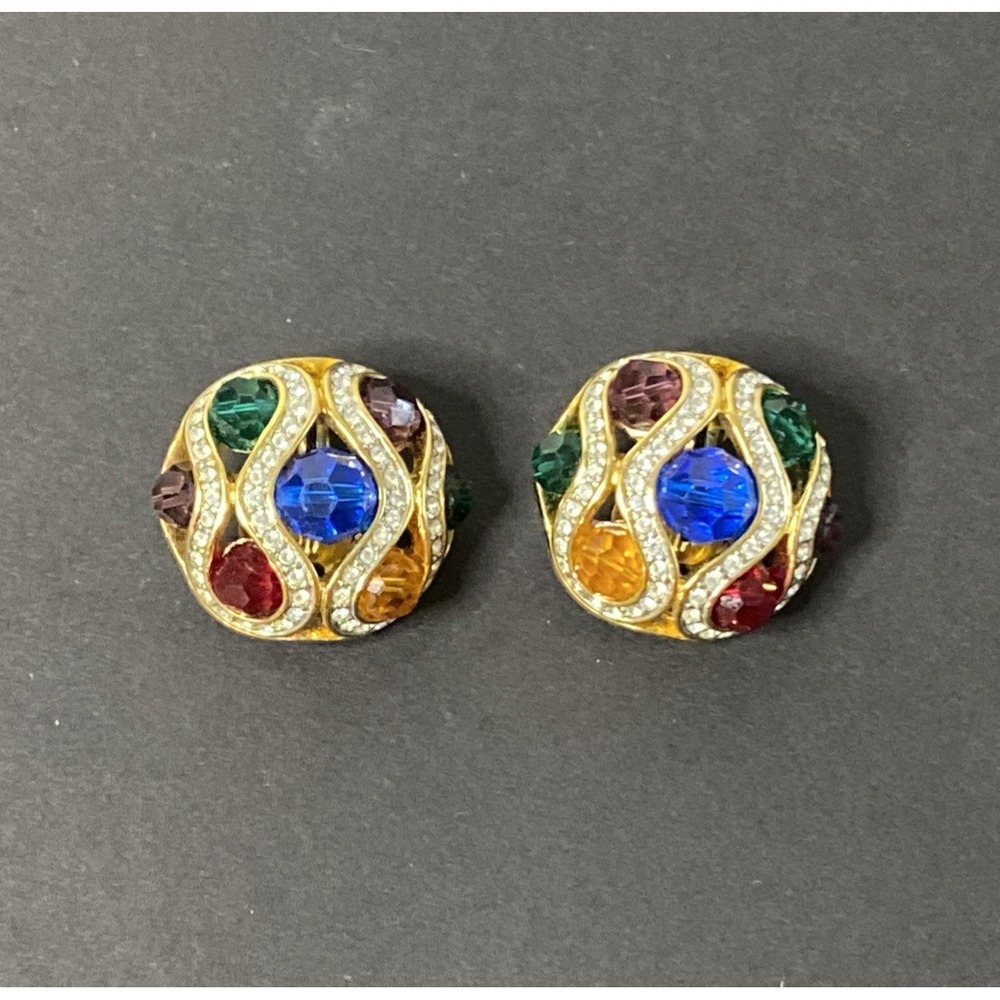 Joan Rivers Earrings Multi Color Rhinestone Domed Round Cocktail Clip On Vintage